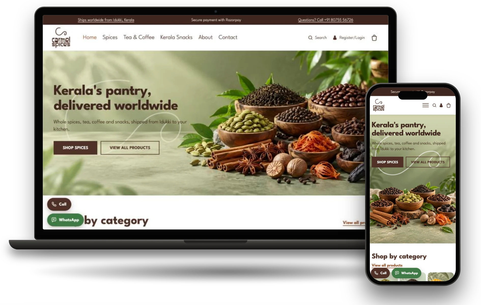 carmelspices.com on a laptop and phone